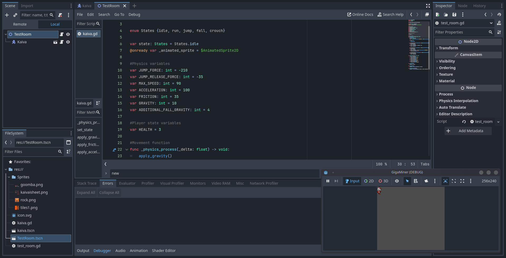 A screenshot of Godot engine showcasing an unfinished player script